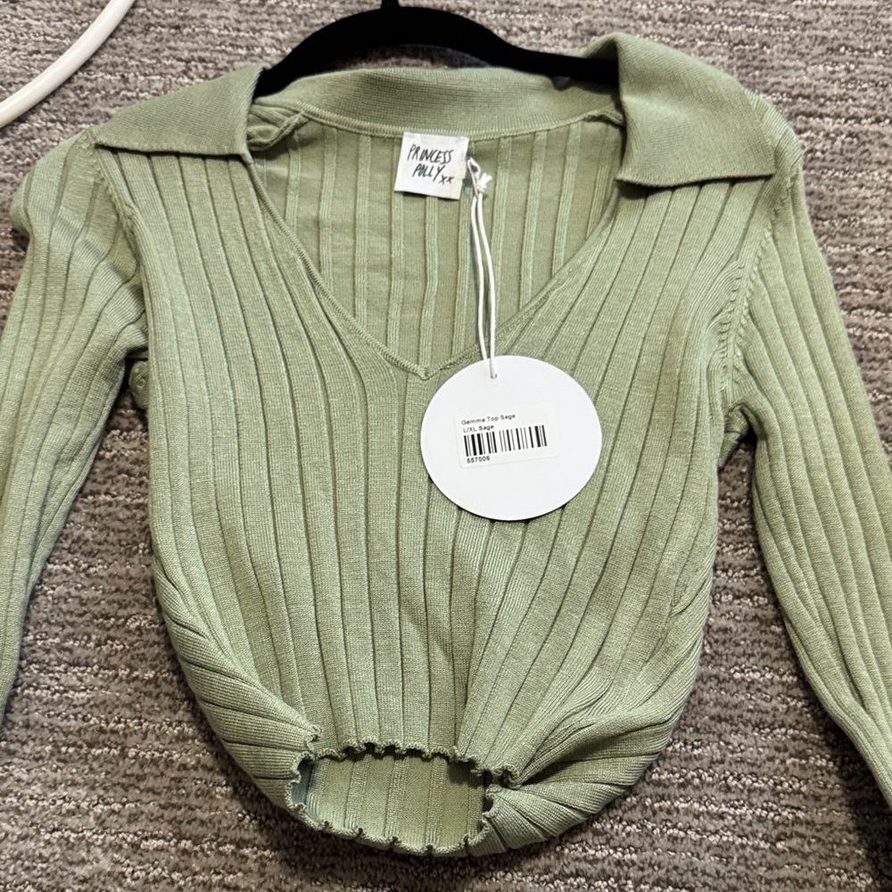 Princess Polly Sage Green Ribbed V-Neck Collared Crop Top